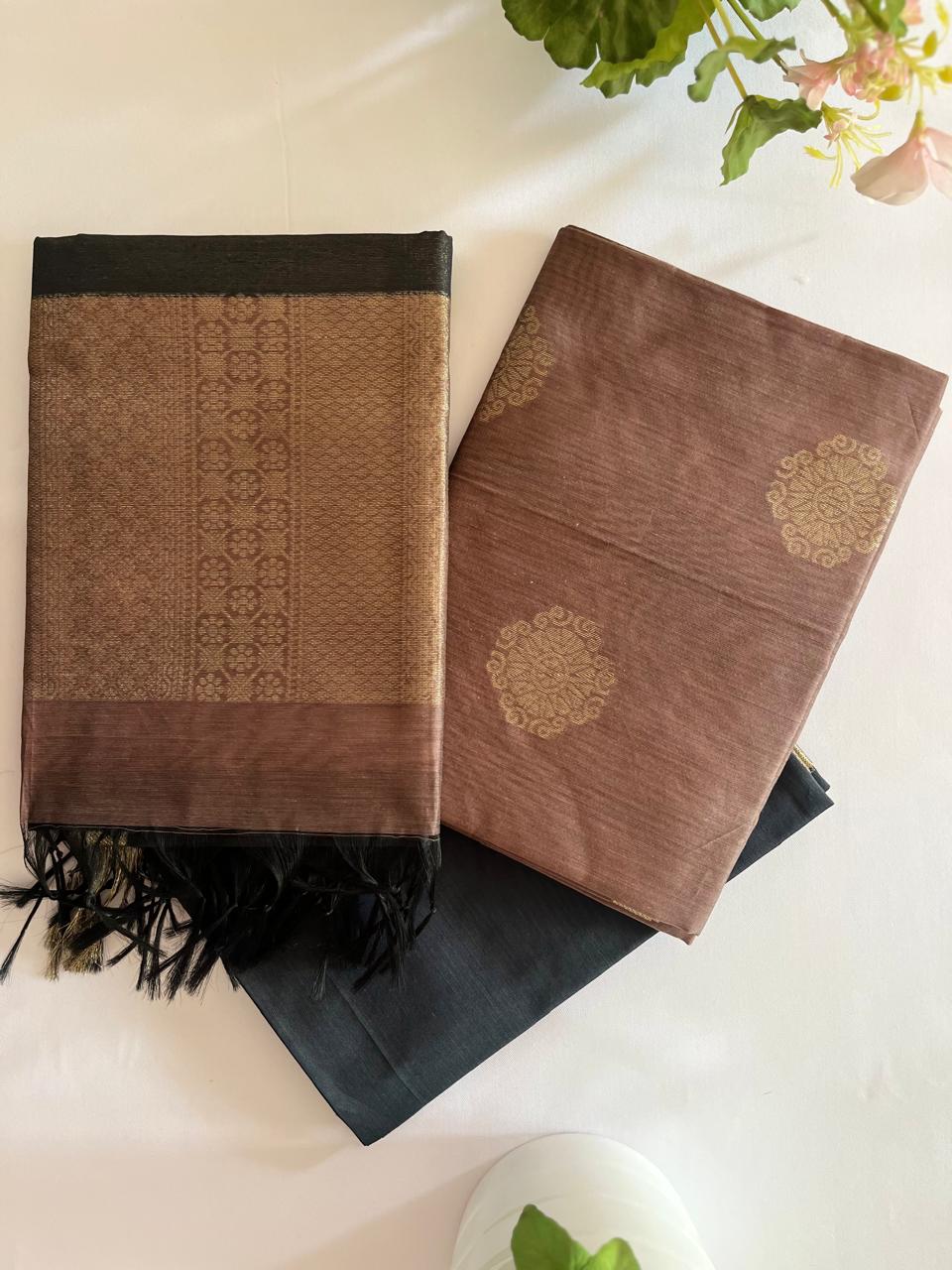 Taupe & Black Kora Silk Unstitched 3Pcs set