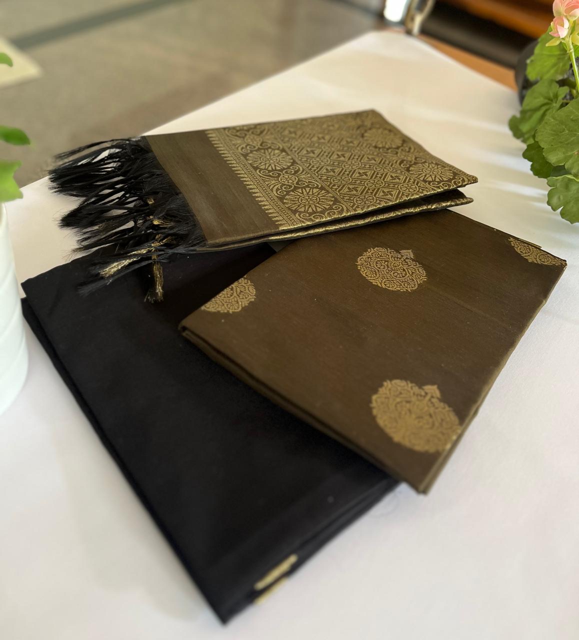 Dark Olive Green & Black Kora Silk Unstitched 3pcs Set