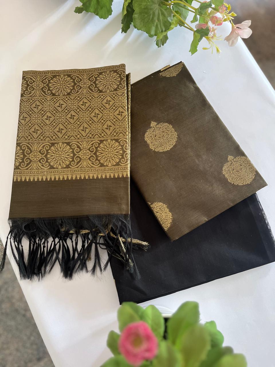 Dark Olive Green & Black Kora Silk Unstitched 3pcs Set