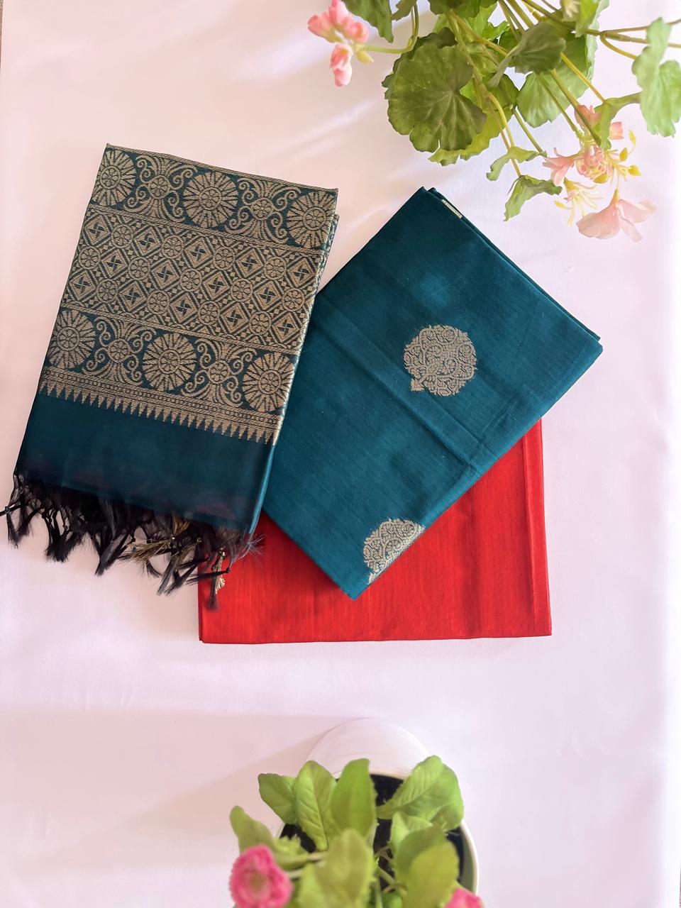 Rich teal blue and Red Kora silk unstitched 3pcs set