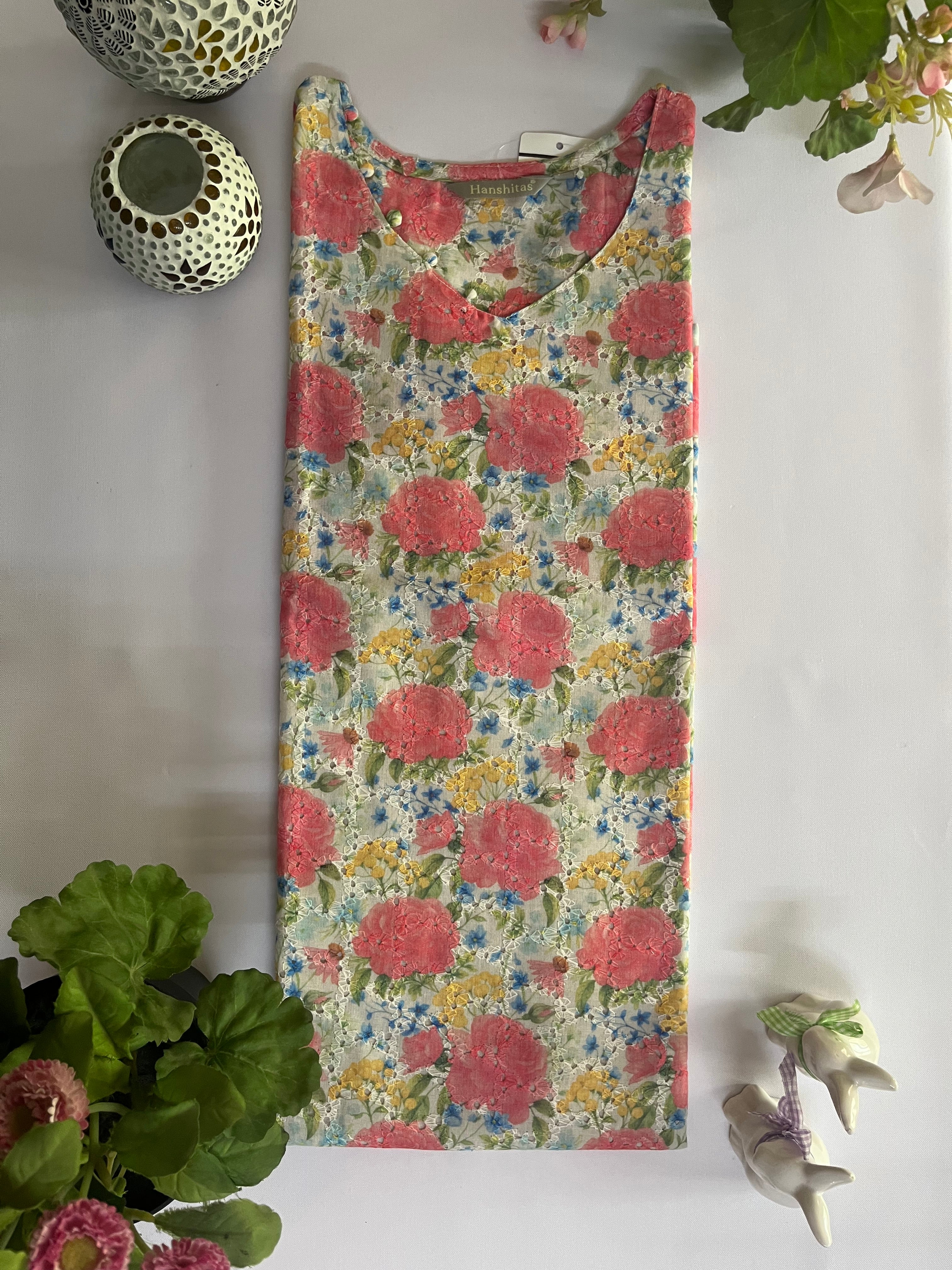 Hakoba Cotton Straight cut kurthi(Pink flowers )