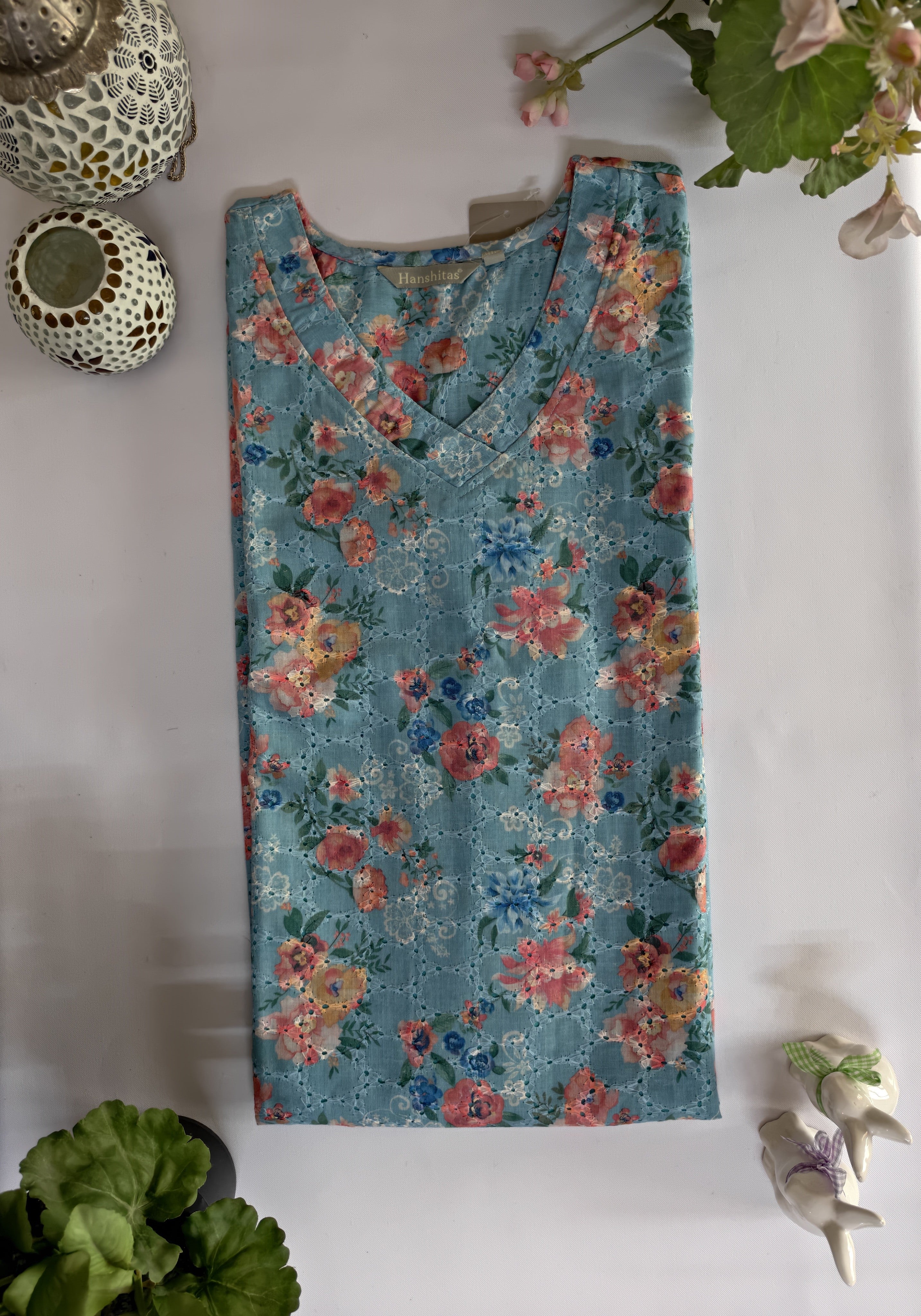 Hakoba Light blue Cotton Straight cut kurthi