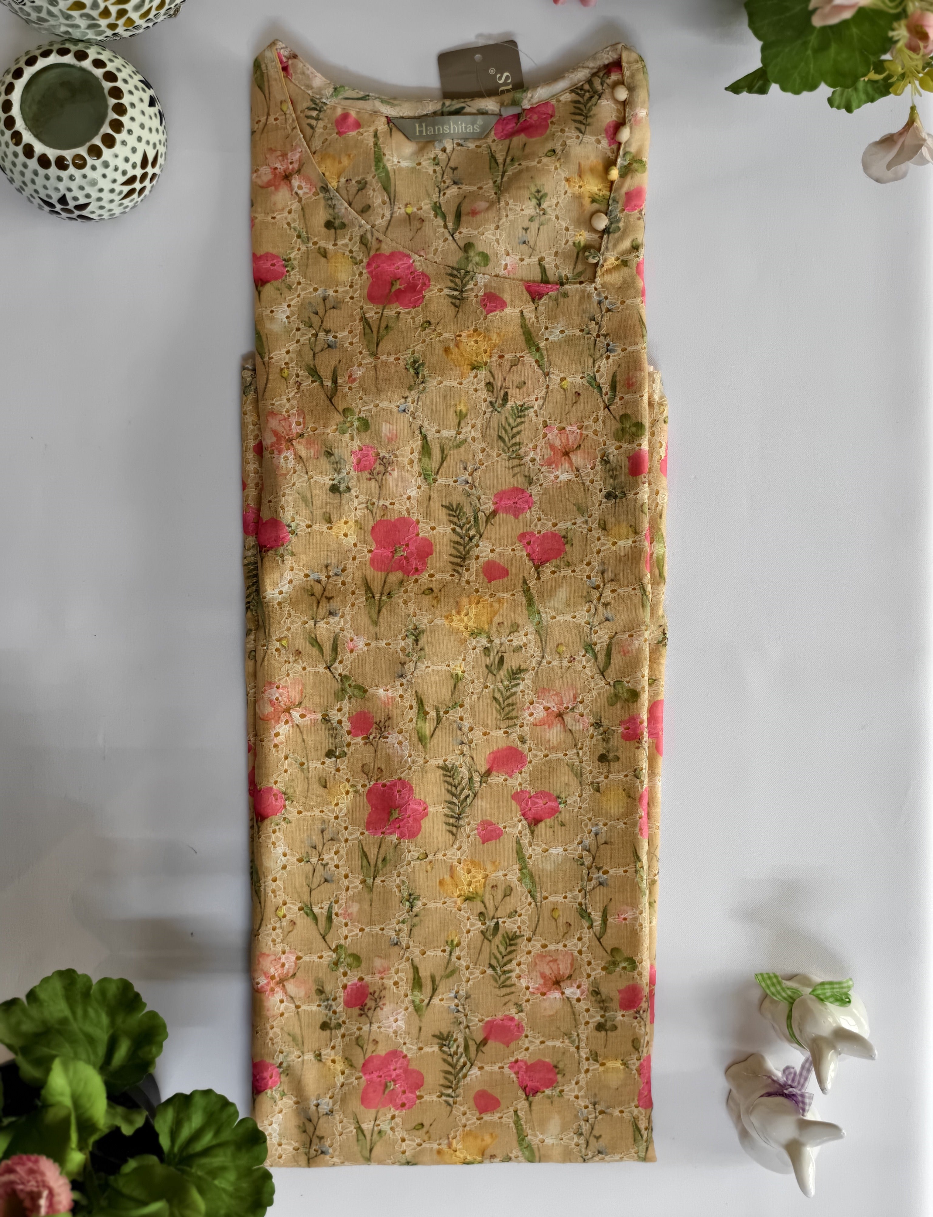Hakoba  Cotton Straight cut kurthi (light yellow)