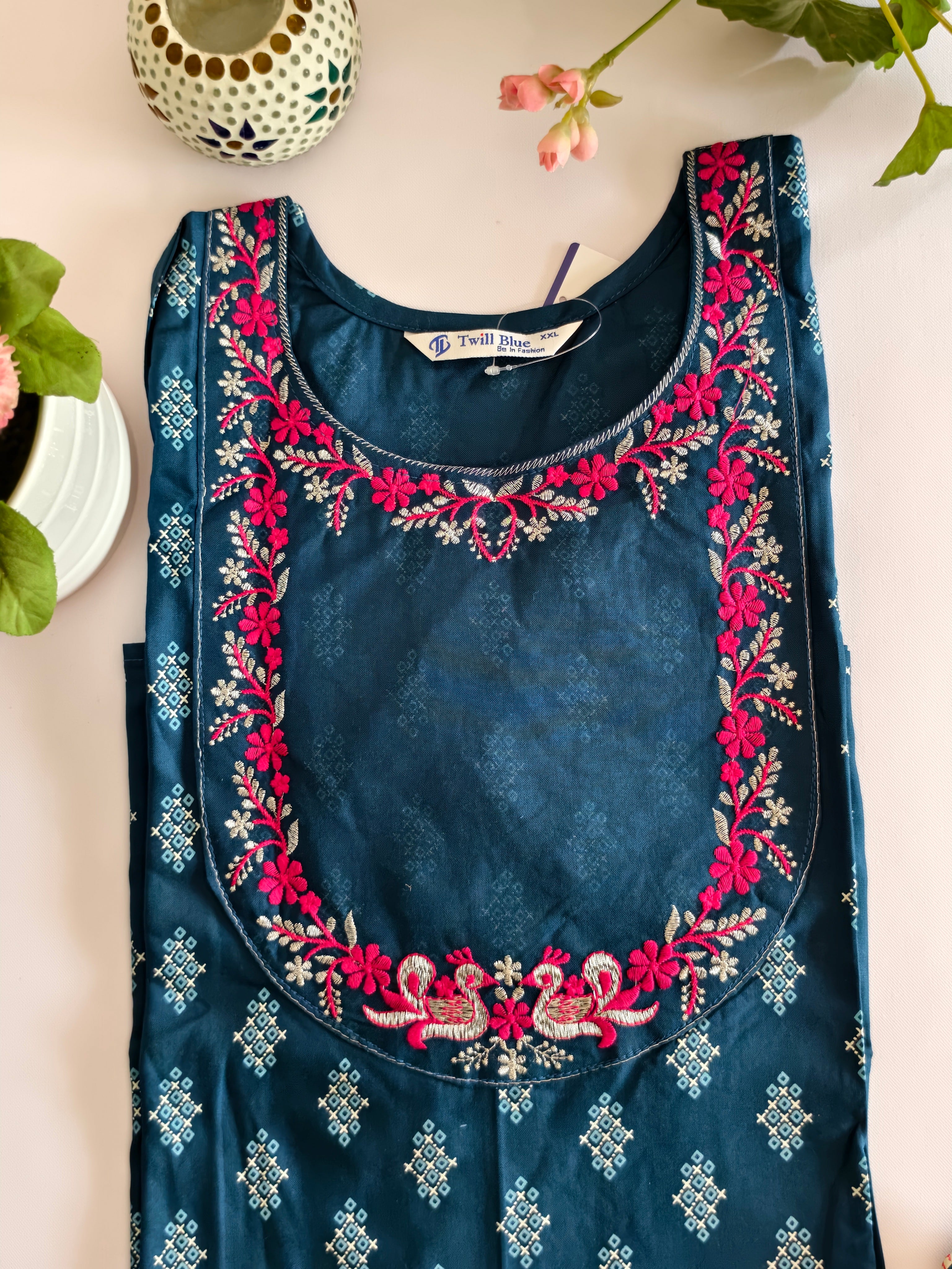 Dark teal blue printed kurti