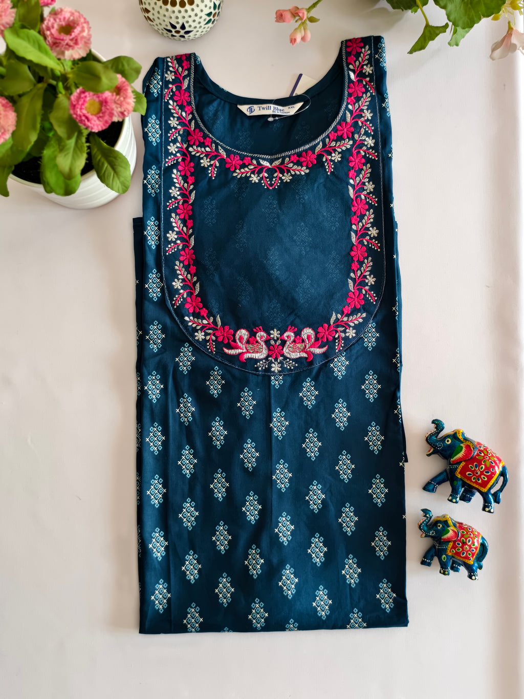 Dark teal blue printed kurti