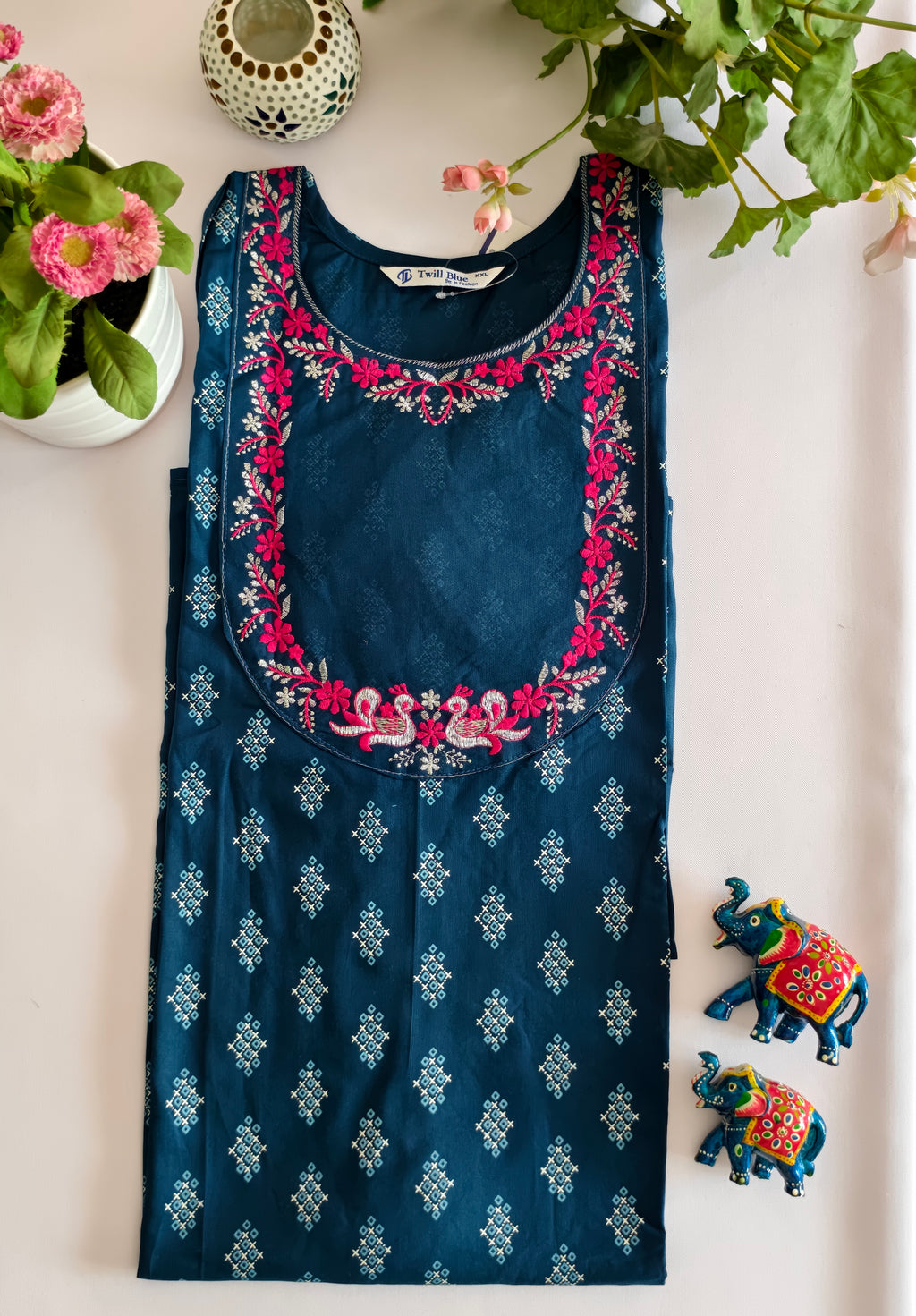 Dark teal blue printed kurti