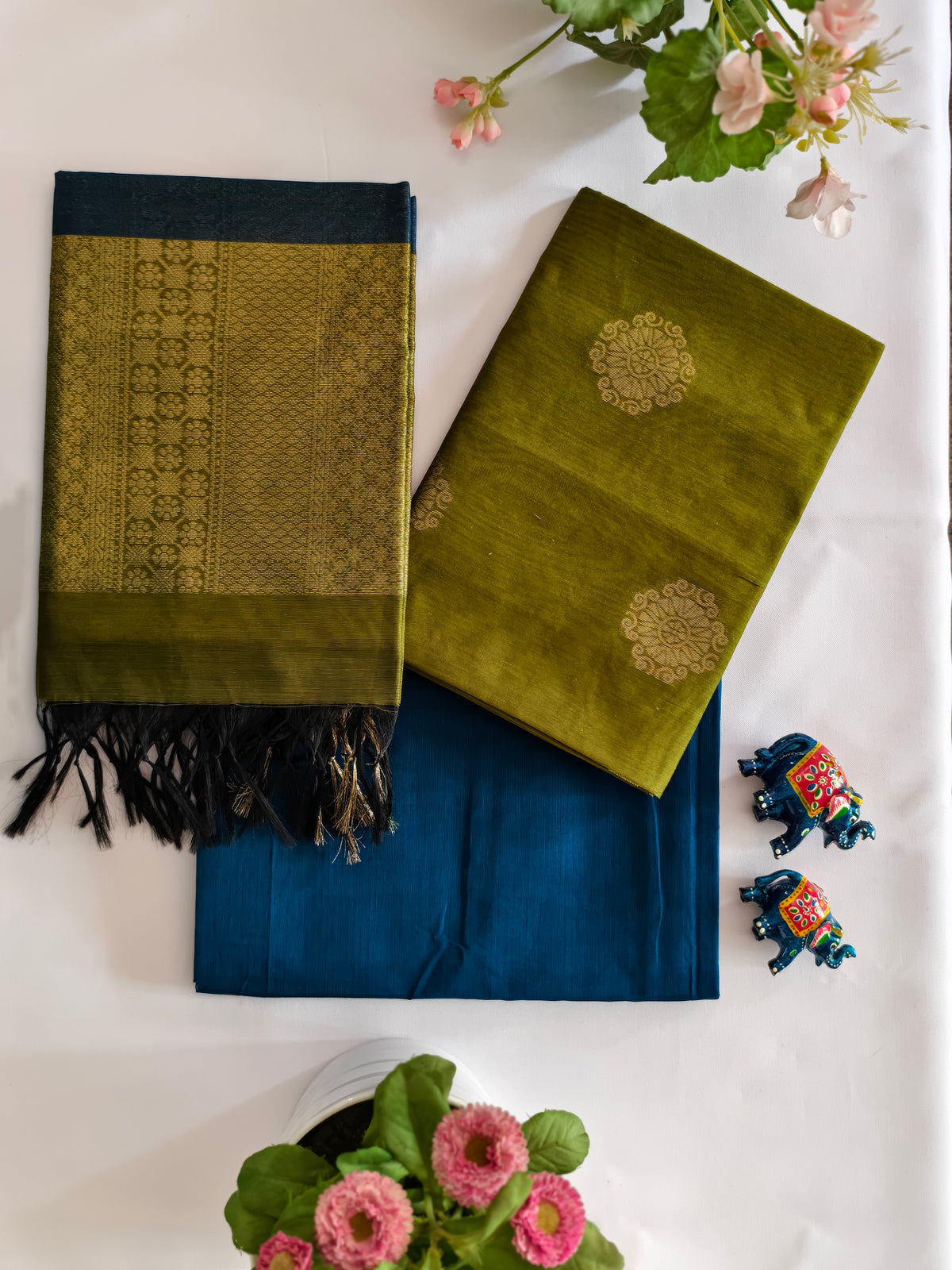 Olive Green & Deep Teal Kora Silk Unstitched 3Pcs Set