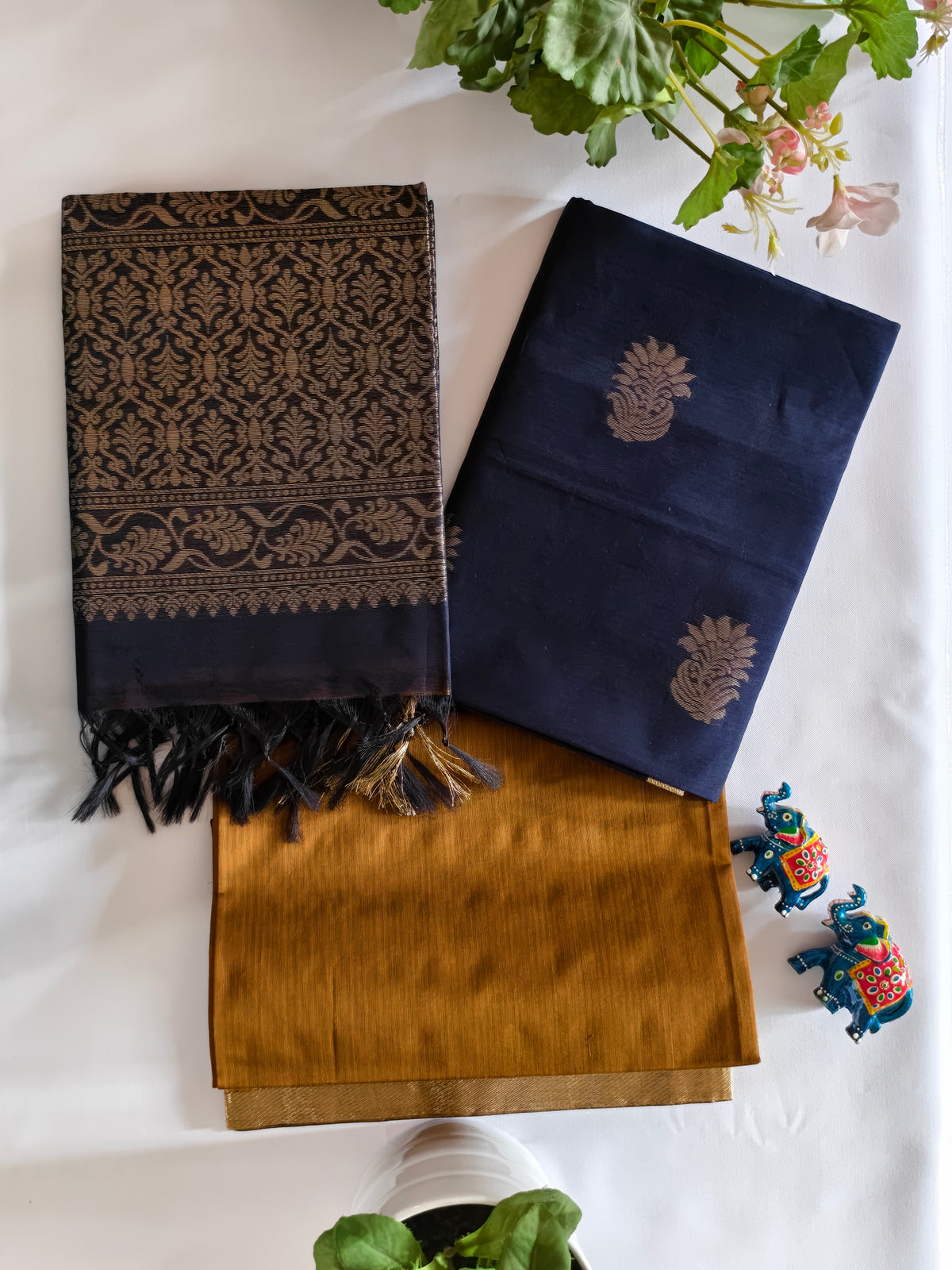 Navy Blue & Mustard Gold Kora Silk Unstitched 3-Pcs set