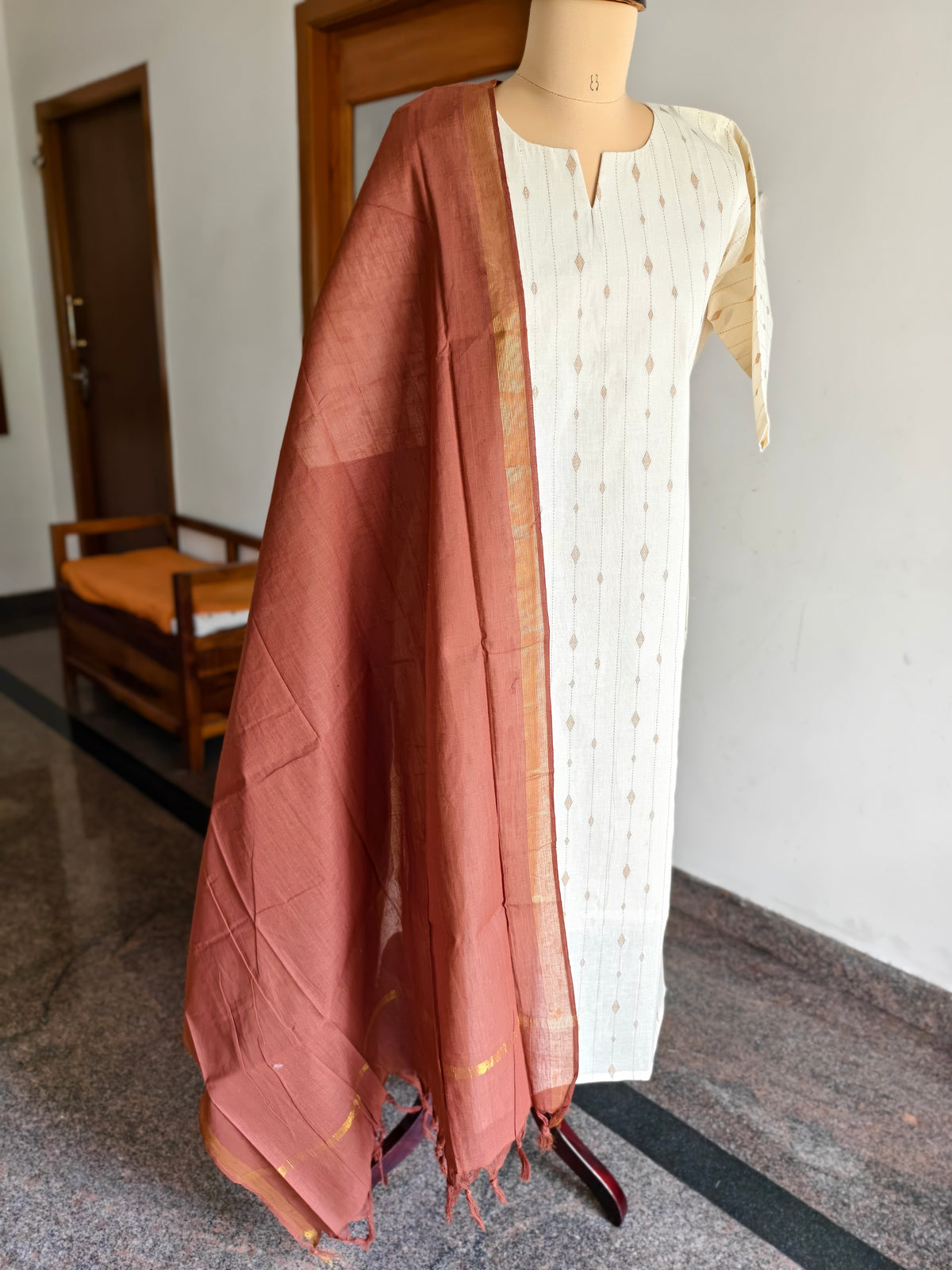 Elegant Off-White &amp; Terracotta Cotton Salwar Suit Set