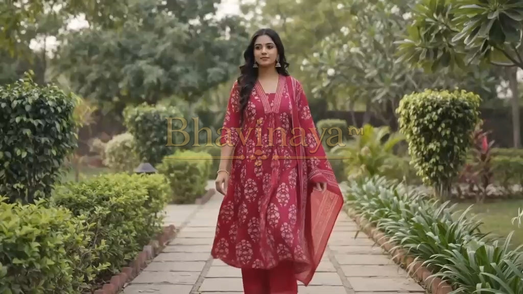 Rose Maroon Printed Cotton Salwar Set with Dupatta
