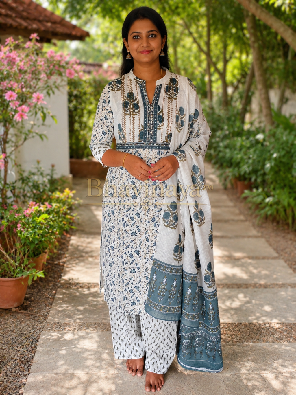 Elegant Off-White &amp; Teal Stitched Pure Cotton Salwar Set with Dupatta