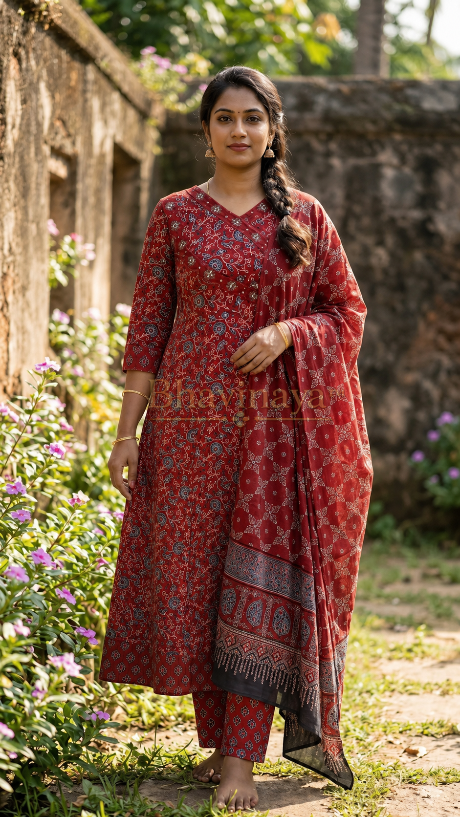 Elegant Rust Red Pure Cotton Salwar with Ajrakh Prints