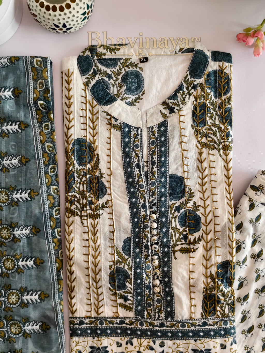 Elegant Off-White &amp; Teal Stitched Pure Cotton Salwar Set with Dupatta