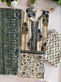 Elegant Off-White &amp; Teal Stitched Pure Cotton Salwar Set with Dupatta