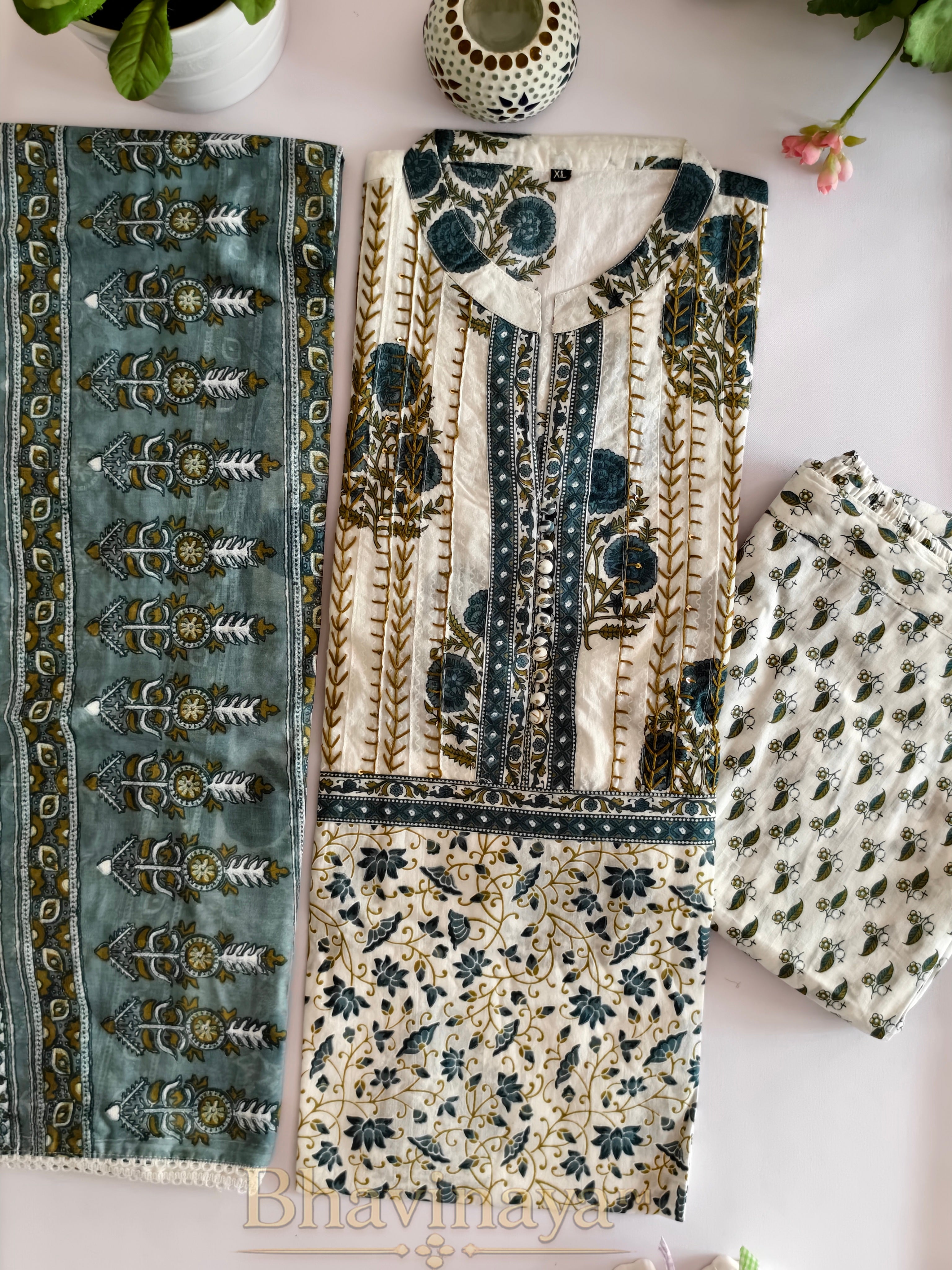 Elegant Off-White &amp; Teal Stitched Pure Cotton Salwar Set with Dupatta