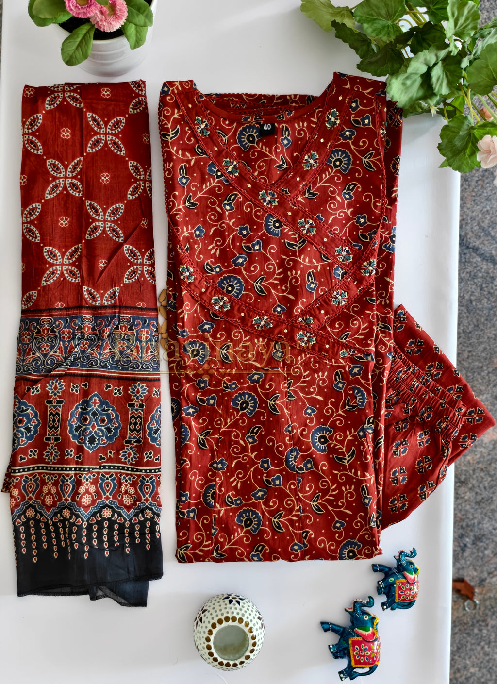 Elegant Rust Red Pure Cotton Salwar with Ajrakh Prints