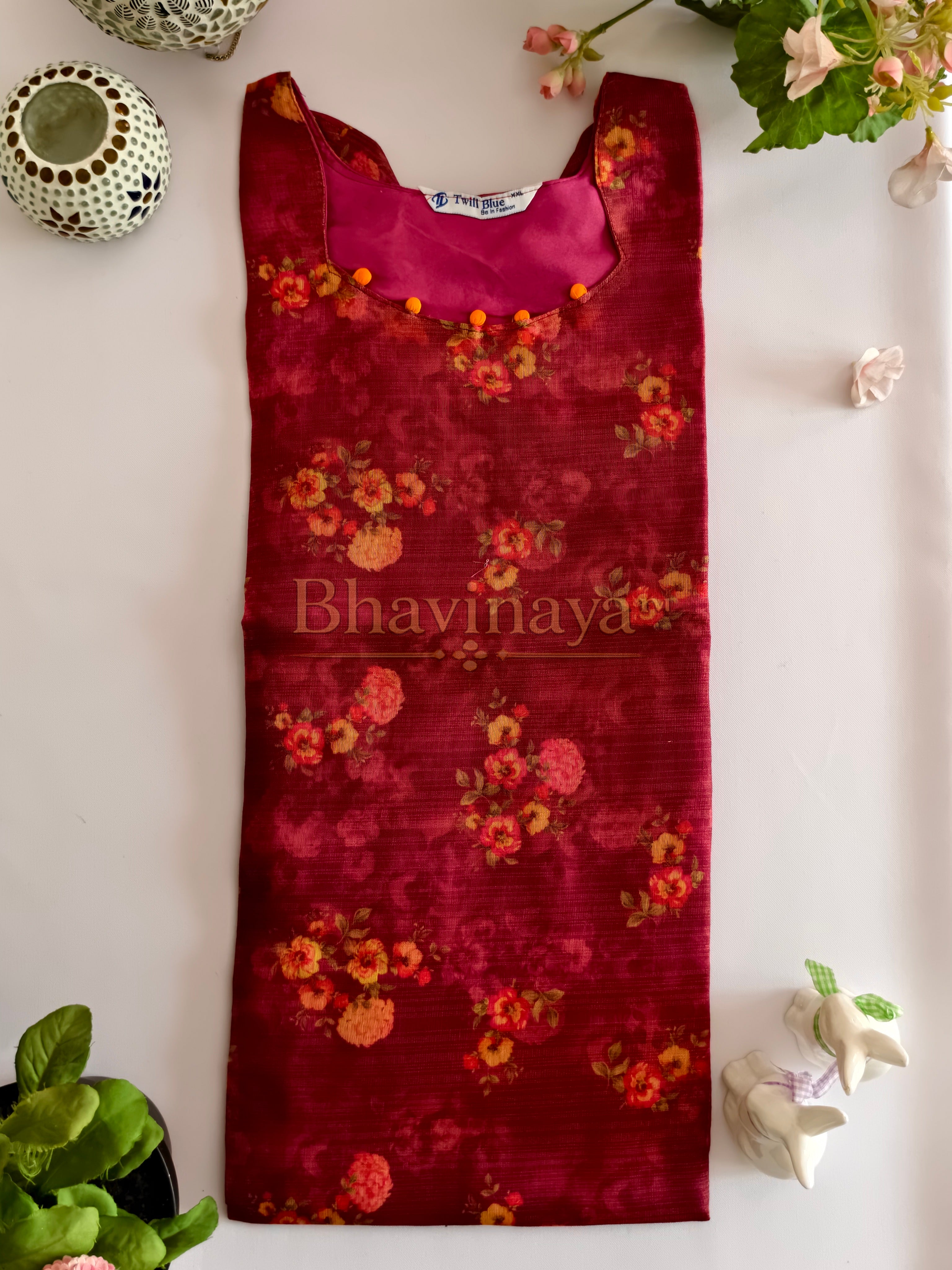 Wine Red Floral Digital Tissue Kurthi with Soft Lining