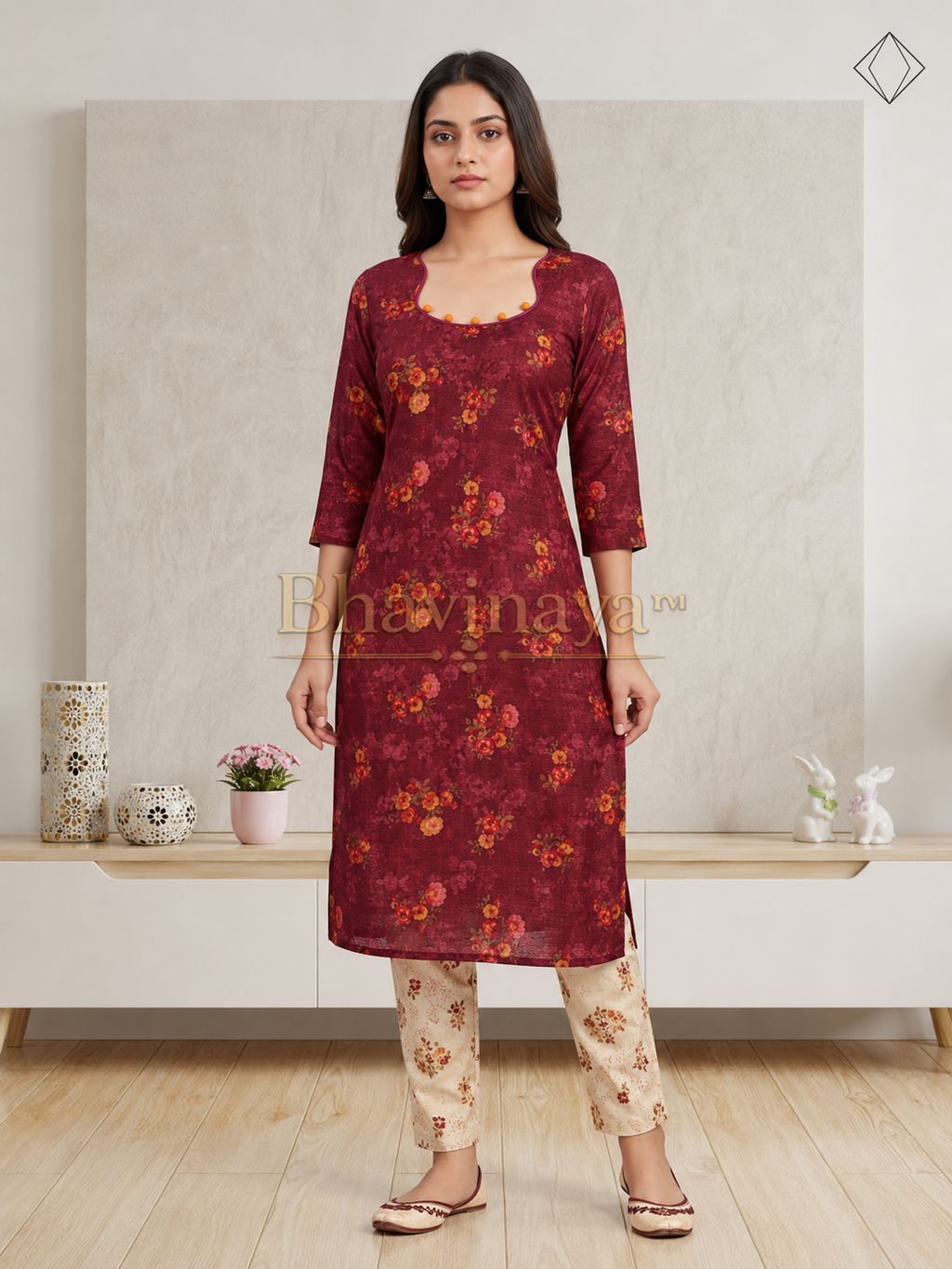 Wine Red Floral Digital Tissue Kurthi with Soft Lining