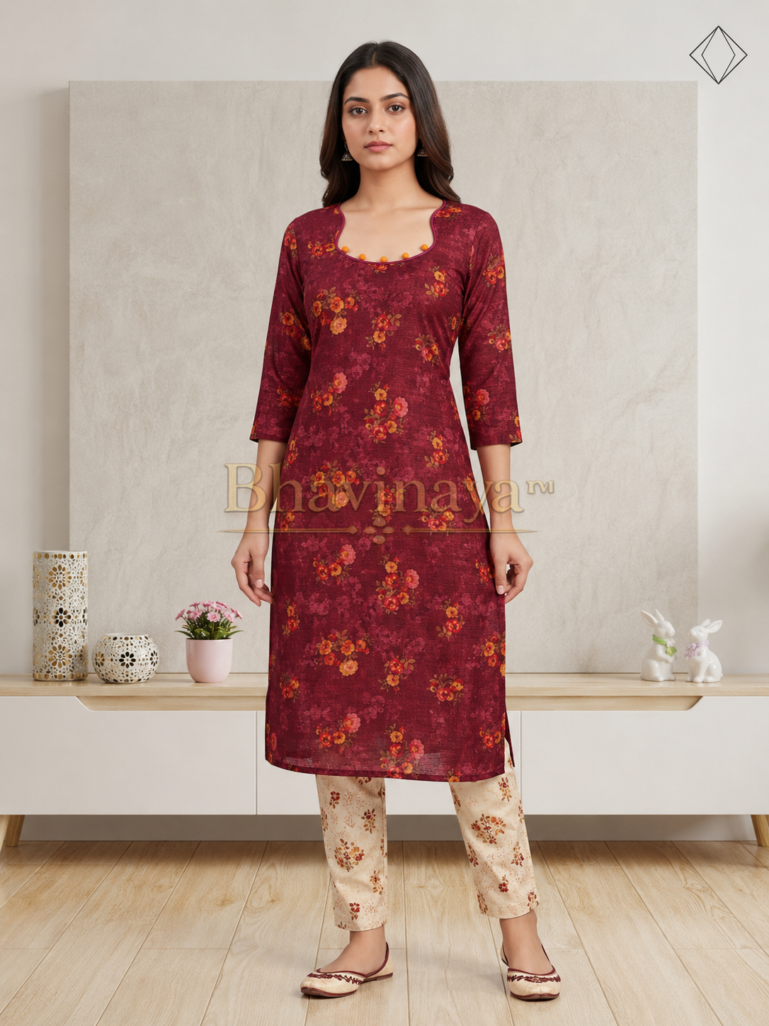 Wine Red Floral Digital Tissue Kurthi with Soft Lining