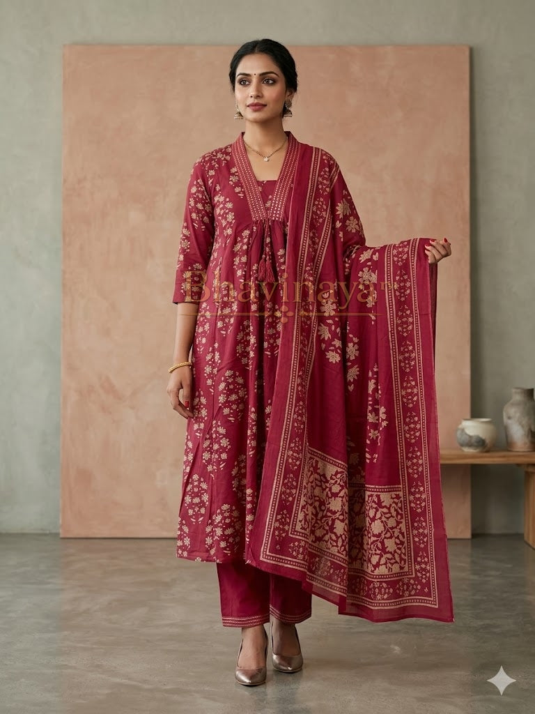 Rose Maroon Printed Cotton Salwar Set with Dupatta