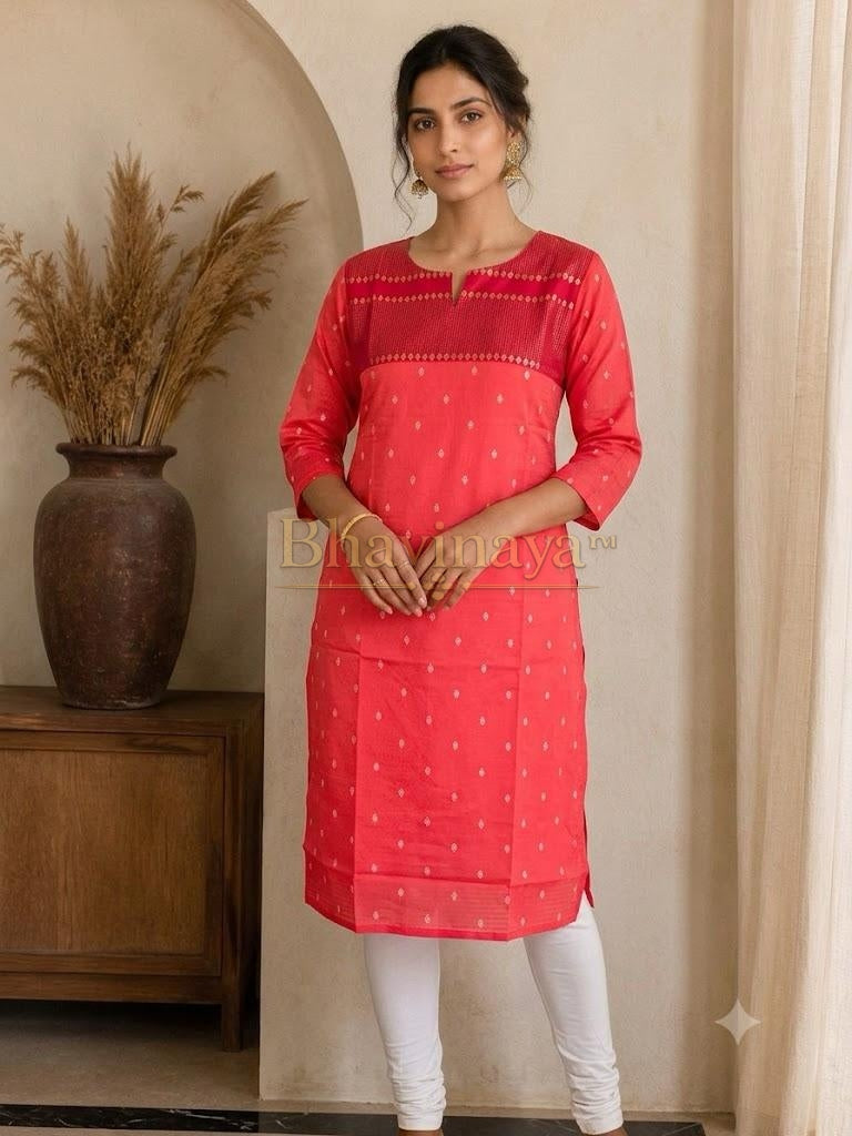 Pink buti kurthi with kasavu yoke