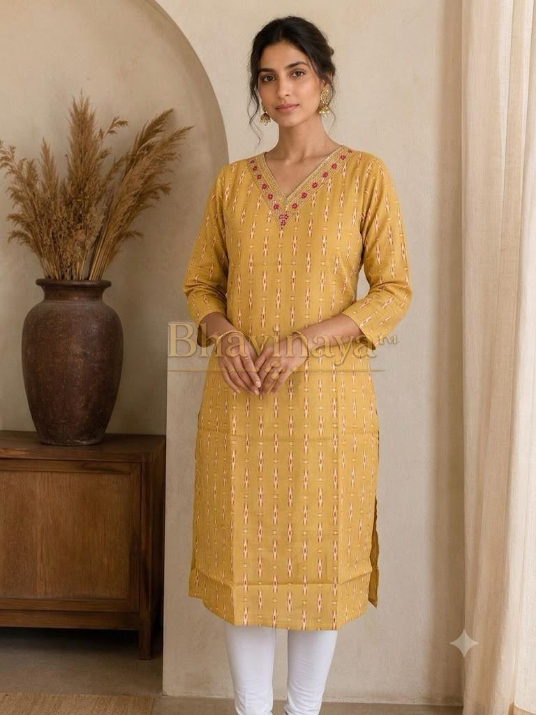 Mustard Yellow Embroidered V-Neck Kurti