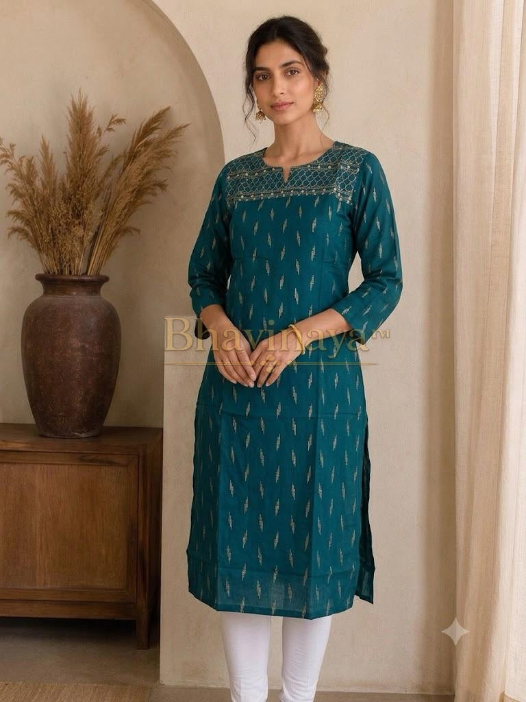 Peacock blue straight-cut kurti with golden work
