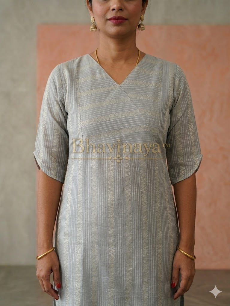 Silver Grey Woven Kurti with Wrap Neck Design