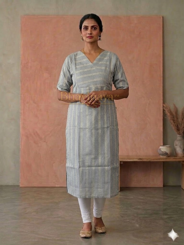 Silver Grey Woven Kurti with Wrap Neck Design