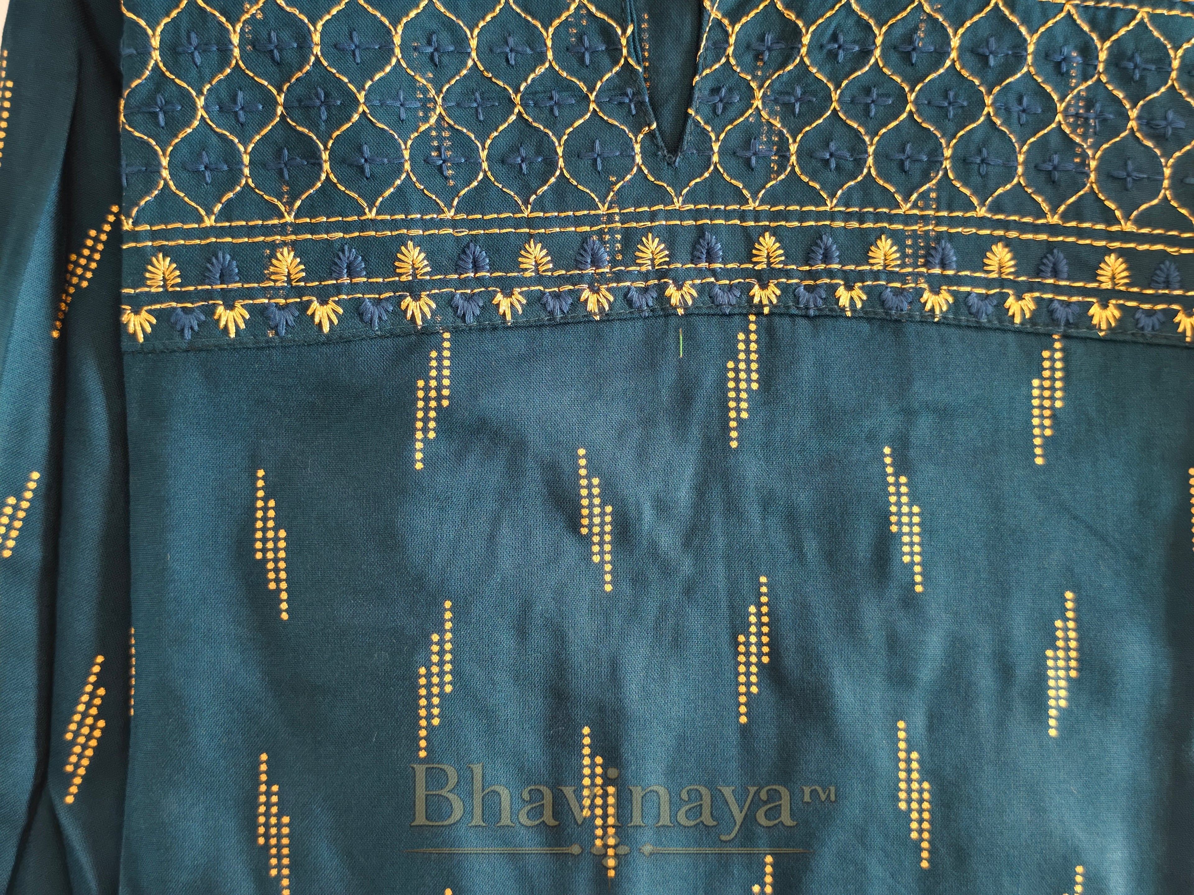 Peacock blue straight-cut kurti with golden work
