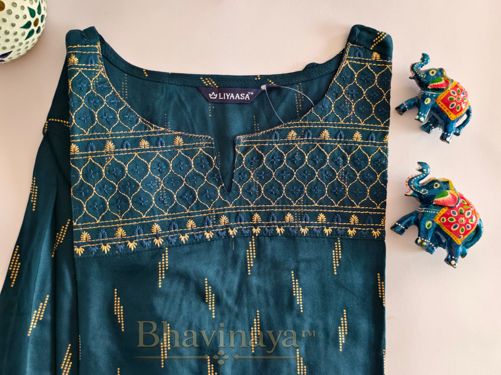 Peacock blue straight-cut kurti with golden work