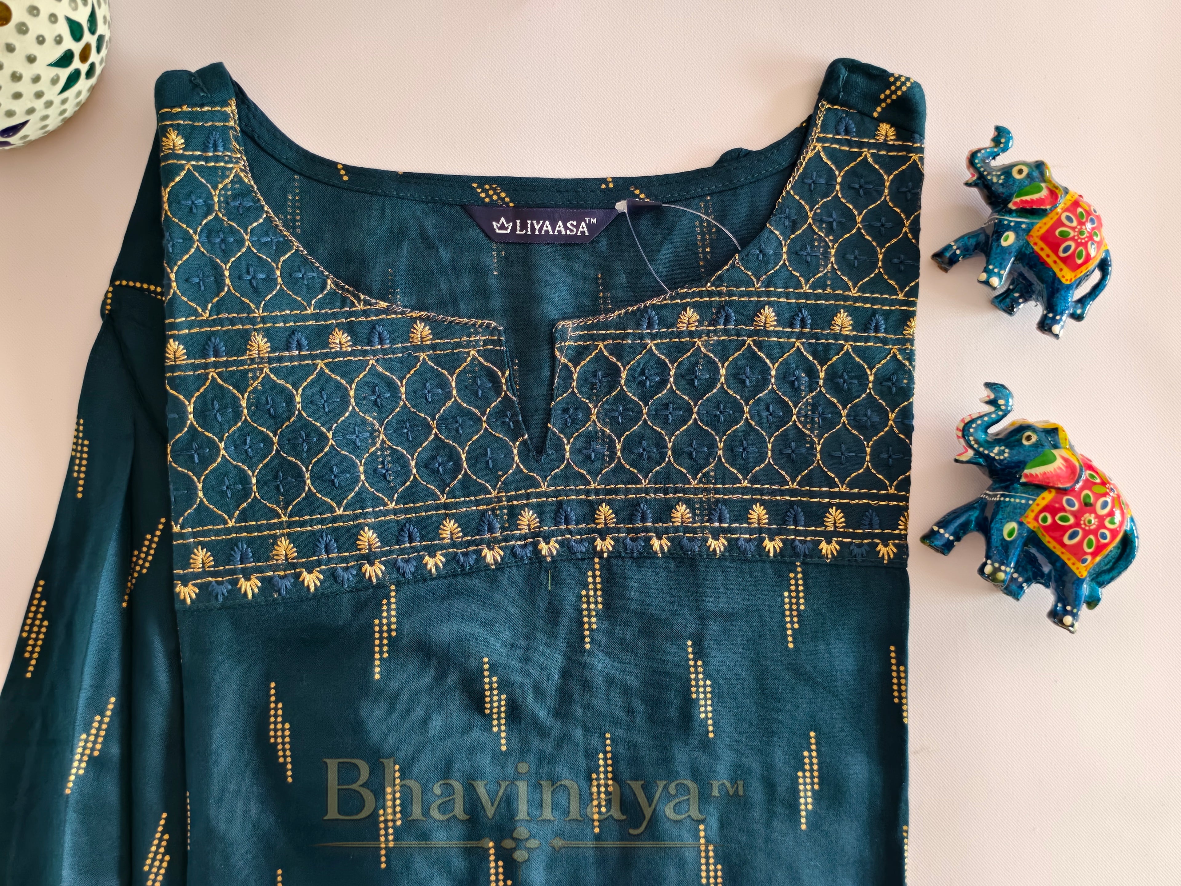 Peacock blue straight-cut kurti with golden work