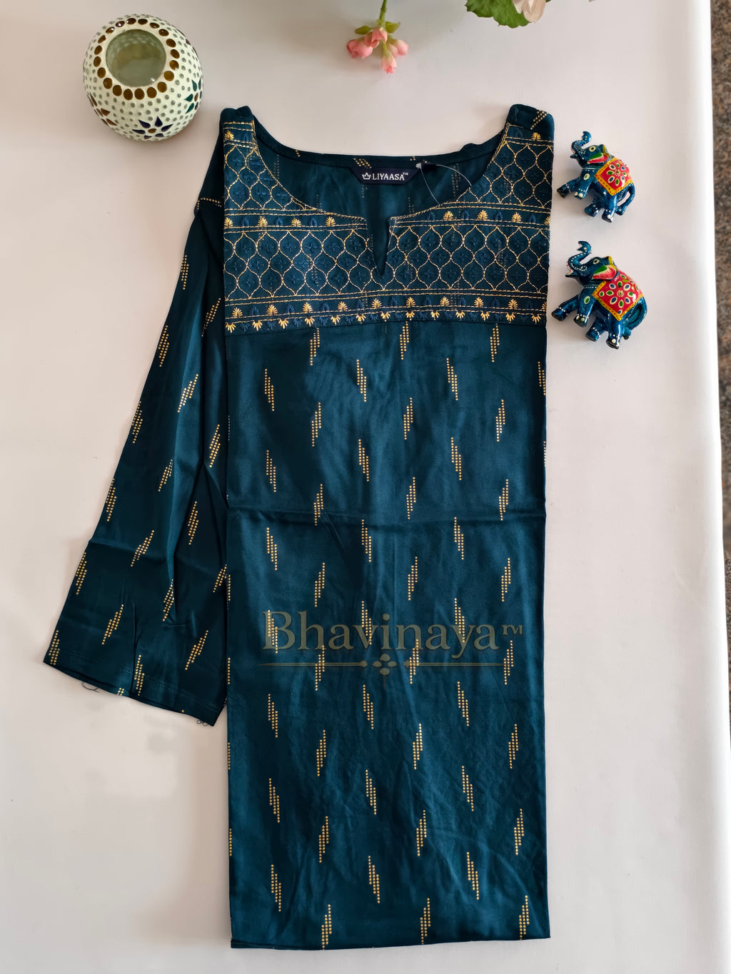 Peacock blue straight-cut kurti with golden work