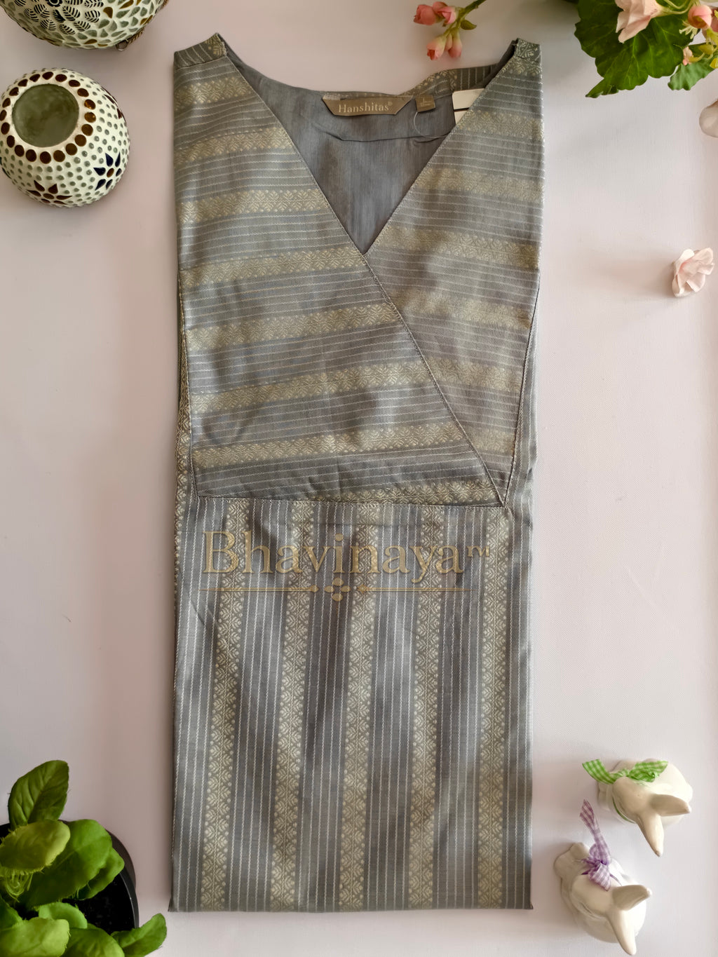 Silver Grey Woven Kurti with Wrap Neck Design