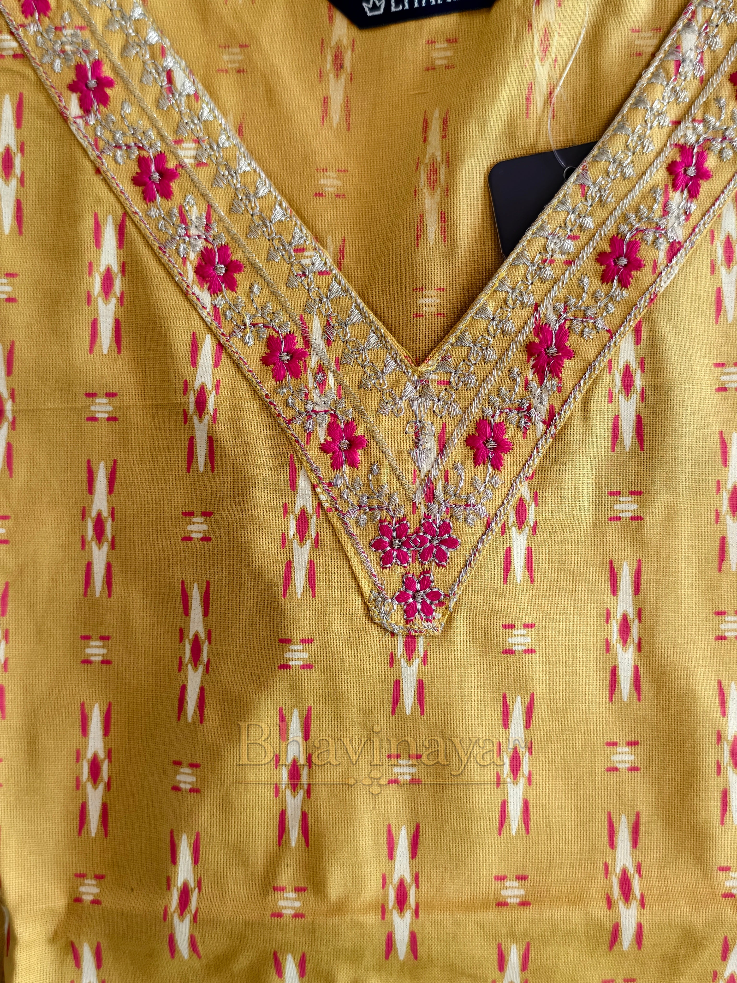 Mustard Yellow Embroidered V-Neck Kurti