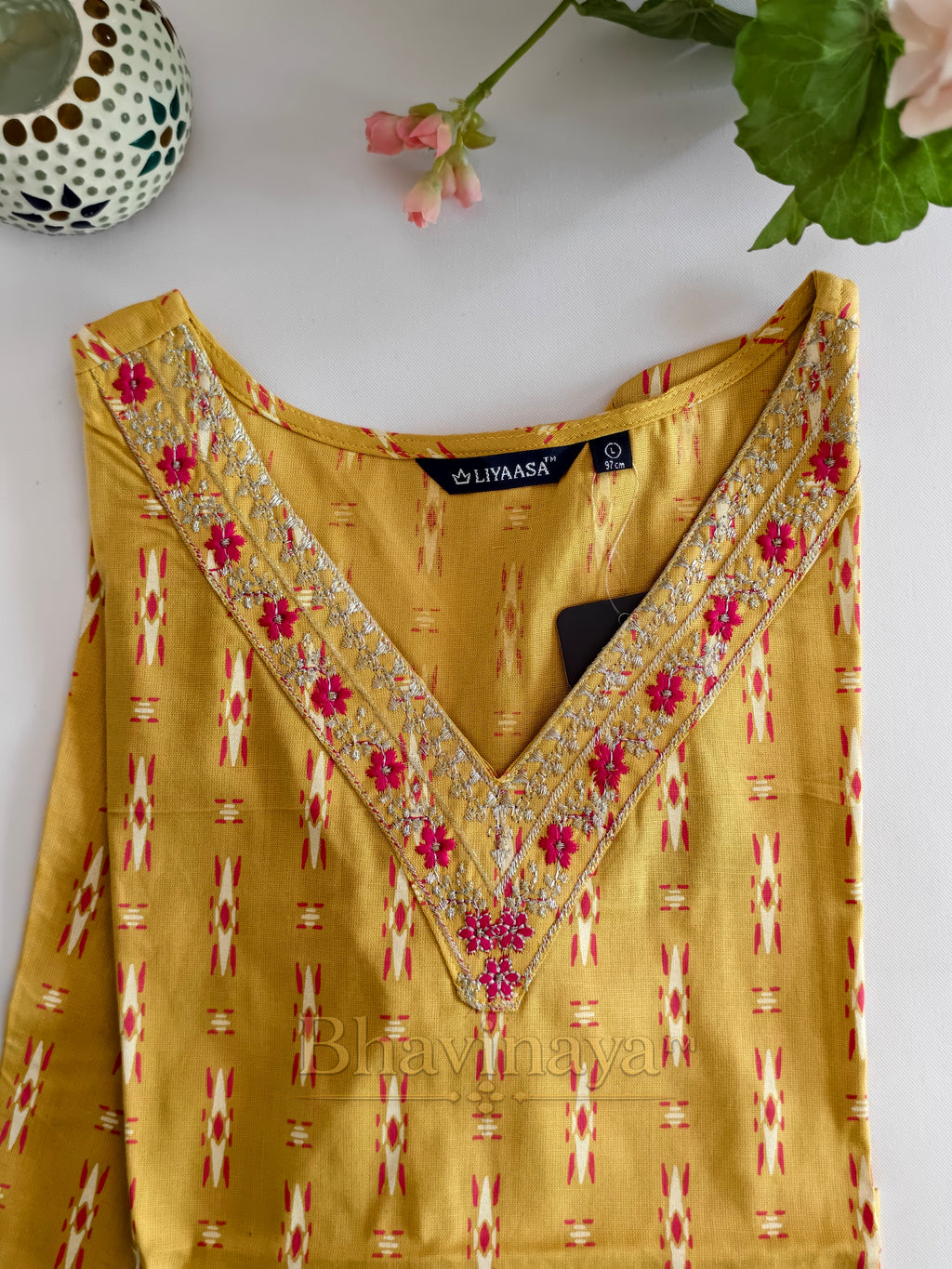 Mustard Yellow Embroidered V-Neck Kurti