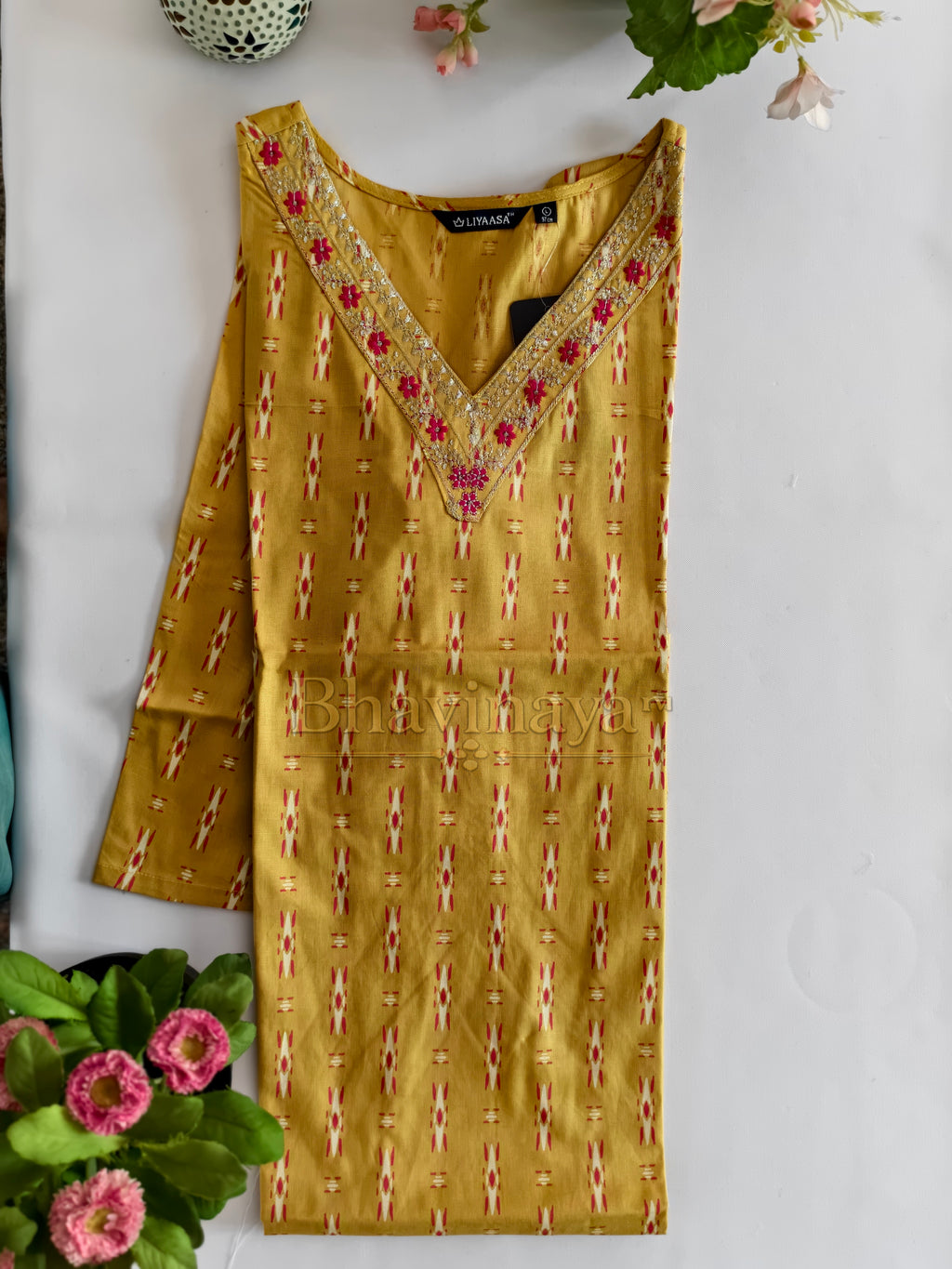 Mustard Yellow Embroidered V-Neck Kurti