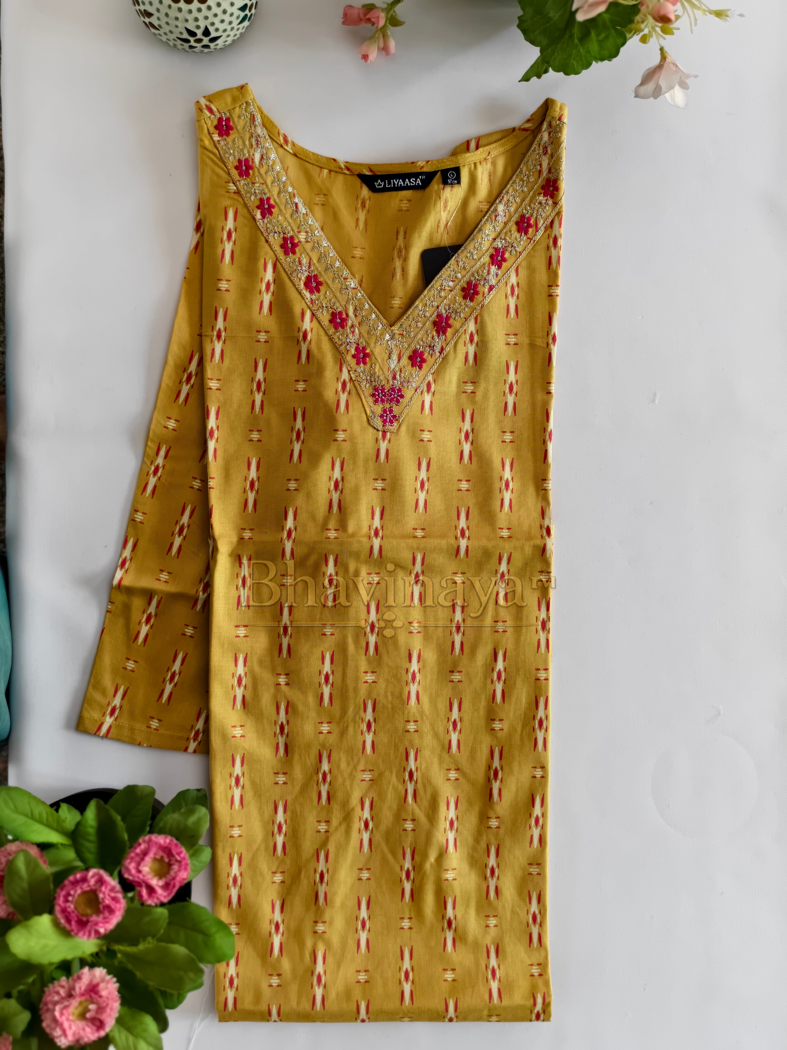 Mustard Yellow Embroidered V-Neck Kurti