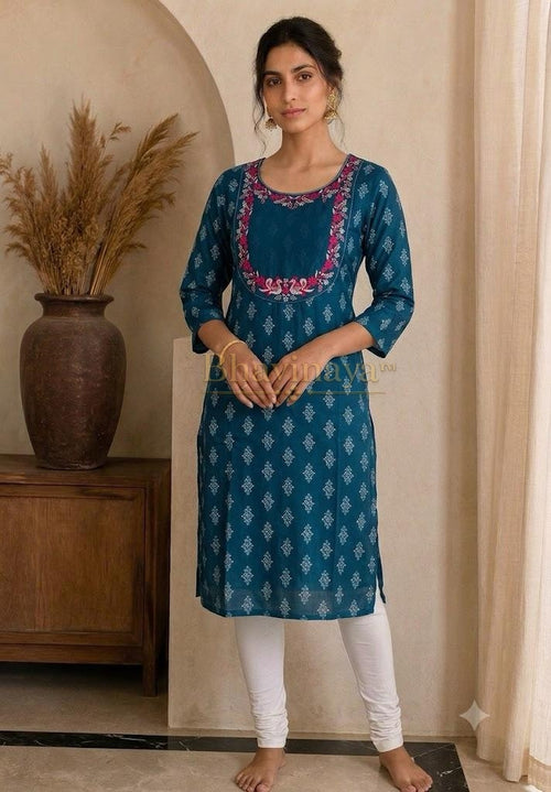 Dark teal blue printed kurti