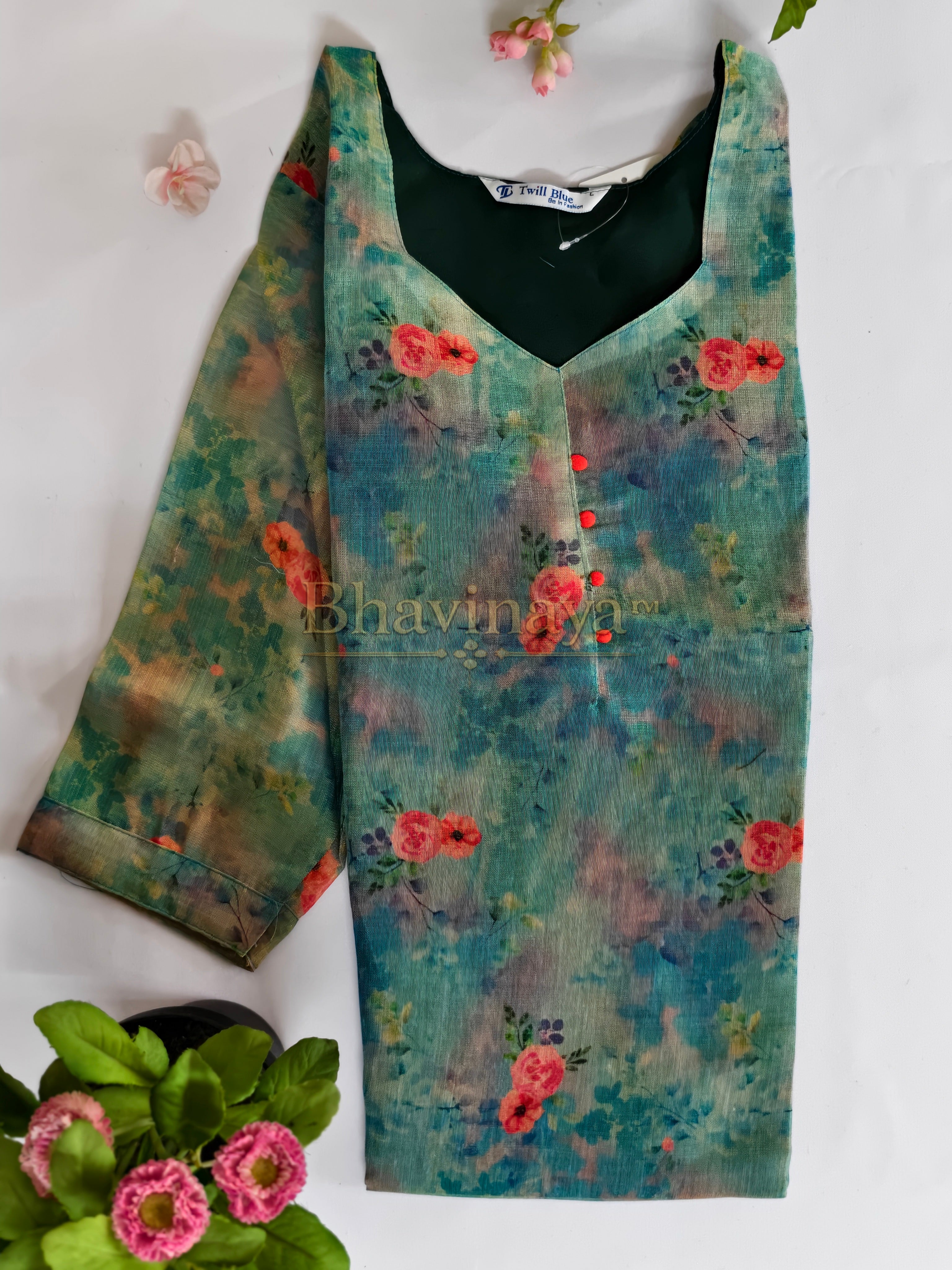 Floral Light blue Digital Print Tissue Silk Kurthi