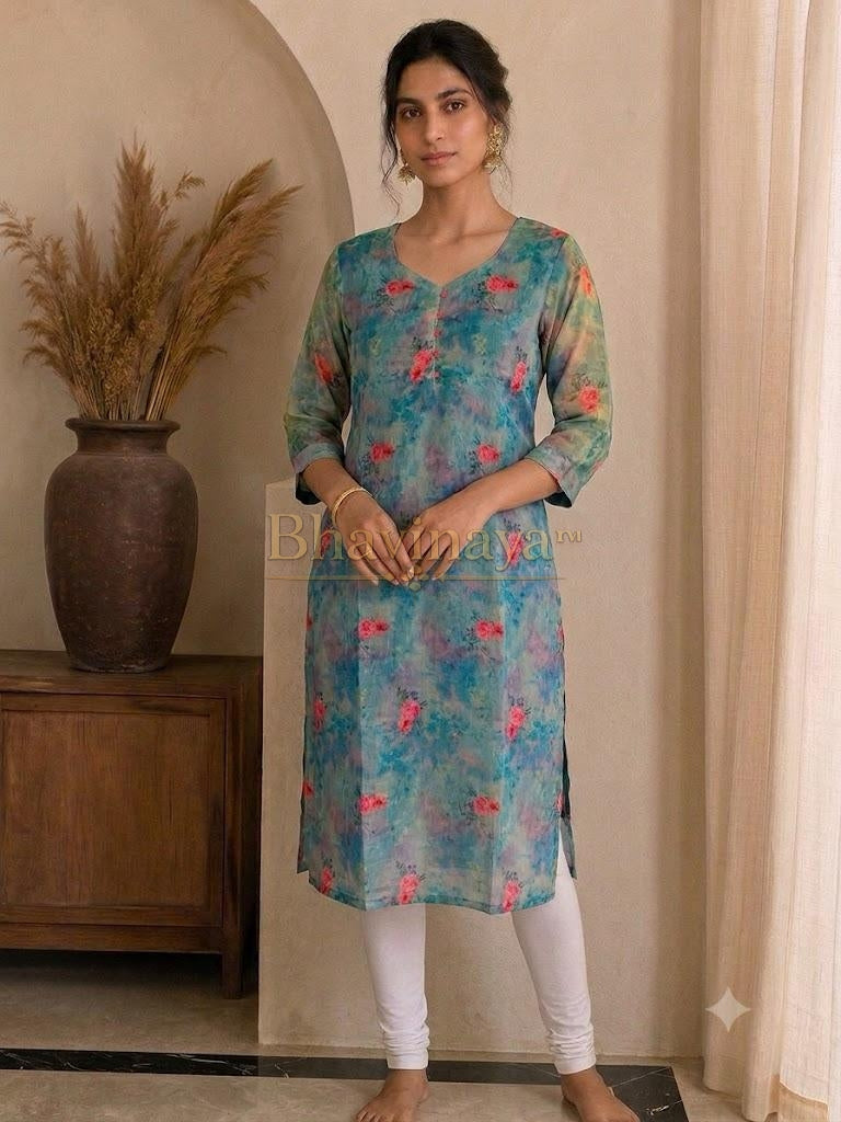 Floral Light blue Digital Print Tissue Silk Kurthi
